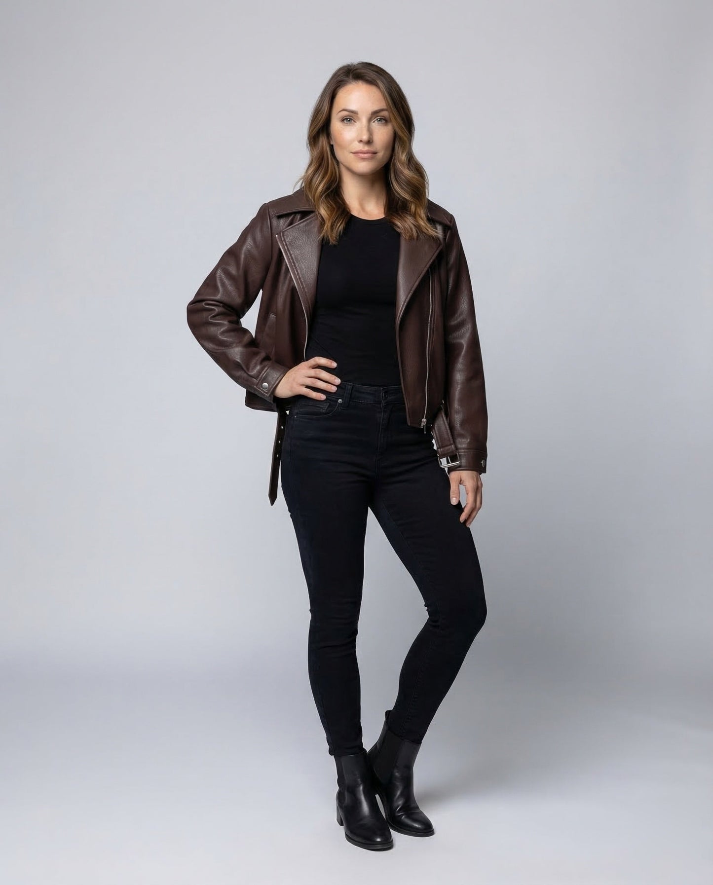 Damen Kunstleder Bikerjacke Klassisch Revers Schwarz - Eveloria