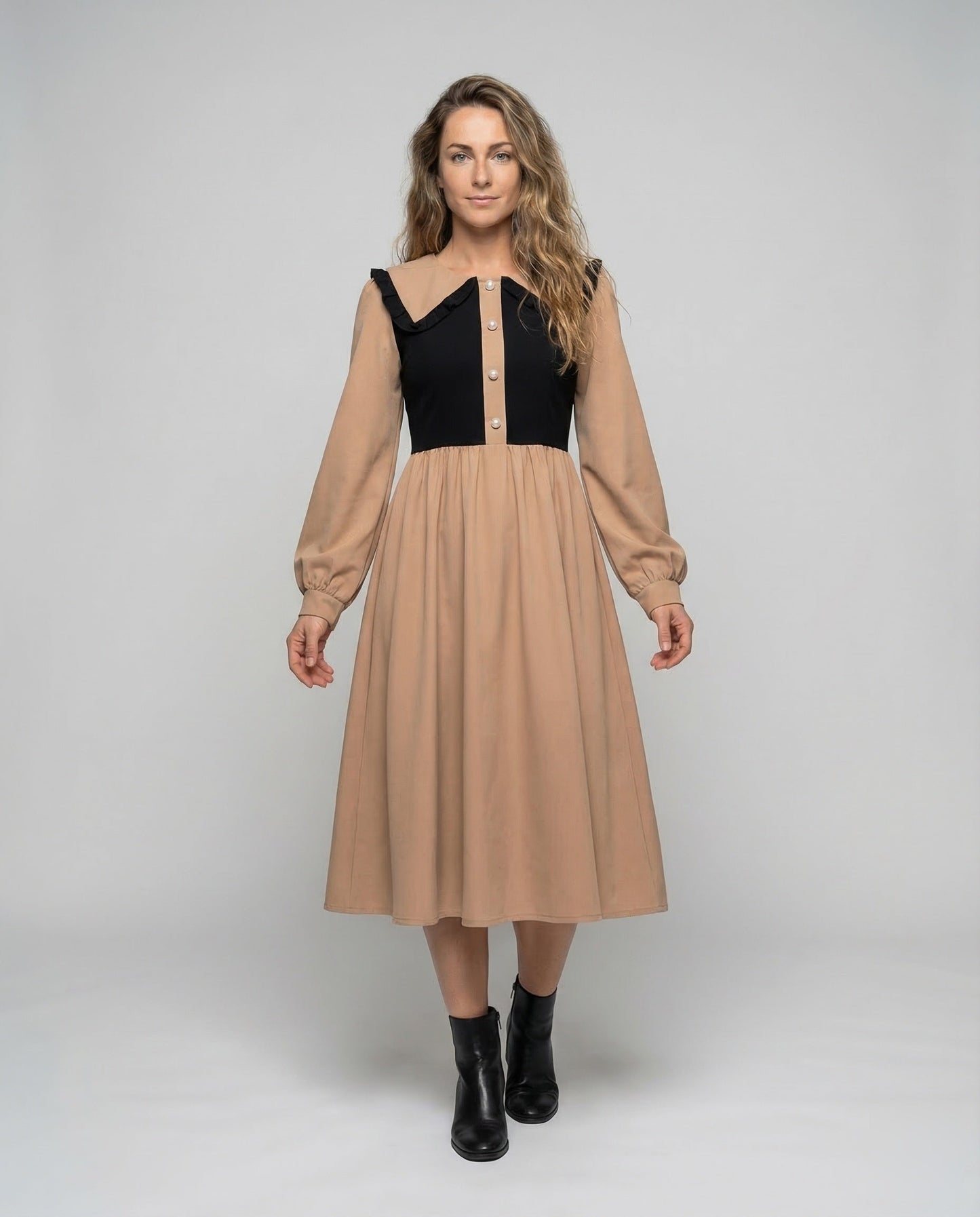 Damen Empire Midikleid mit Rüschenkragen - Eveloria