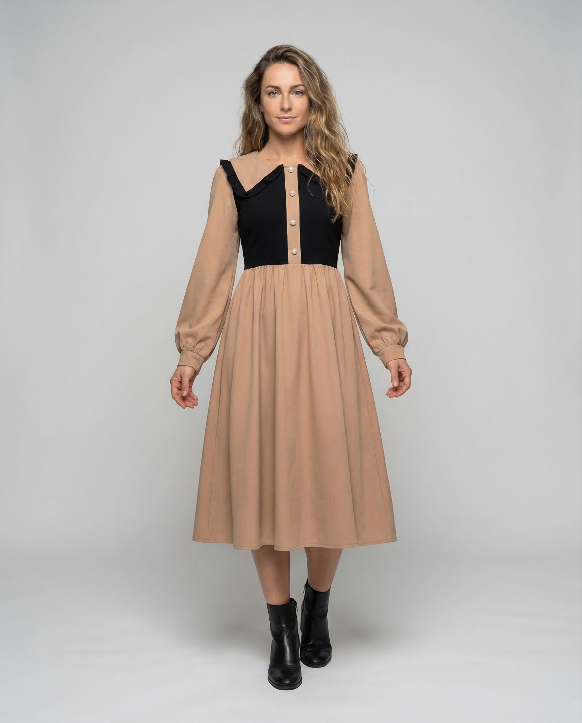 Damen Empire Midikleid mit Rüschenkragen - Eveloria