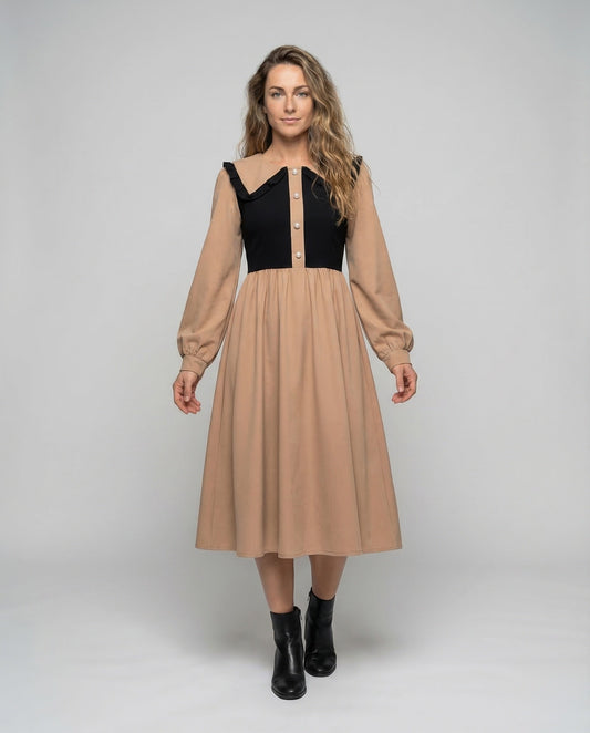 Damen Empire Midikleid mit Rüschenkragen - Eveloria