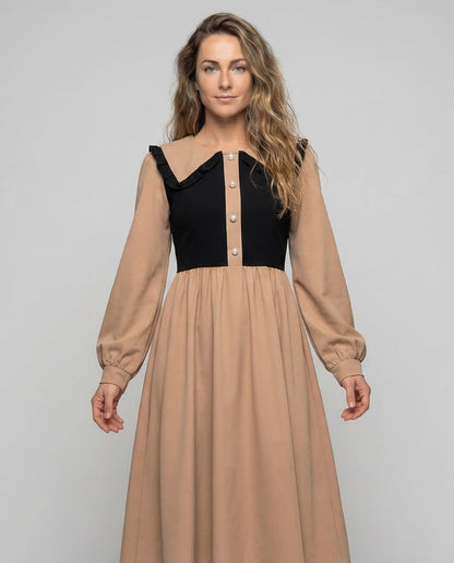 Damen Empire Midikleid mit Rüschenkragen