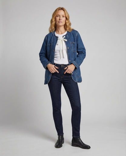 Damen Bluse Jacke Rundhals Kragenlos Jeans - Eveloria