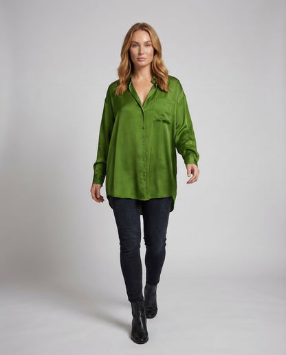 Damen Satin Hemdbluse Oversize V-Ausschnitt - Eveloria