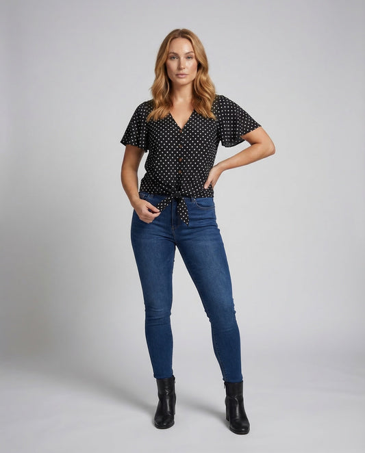 Damen Bluse V-Ausschnitt mit Knoten - Eveloria