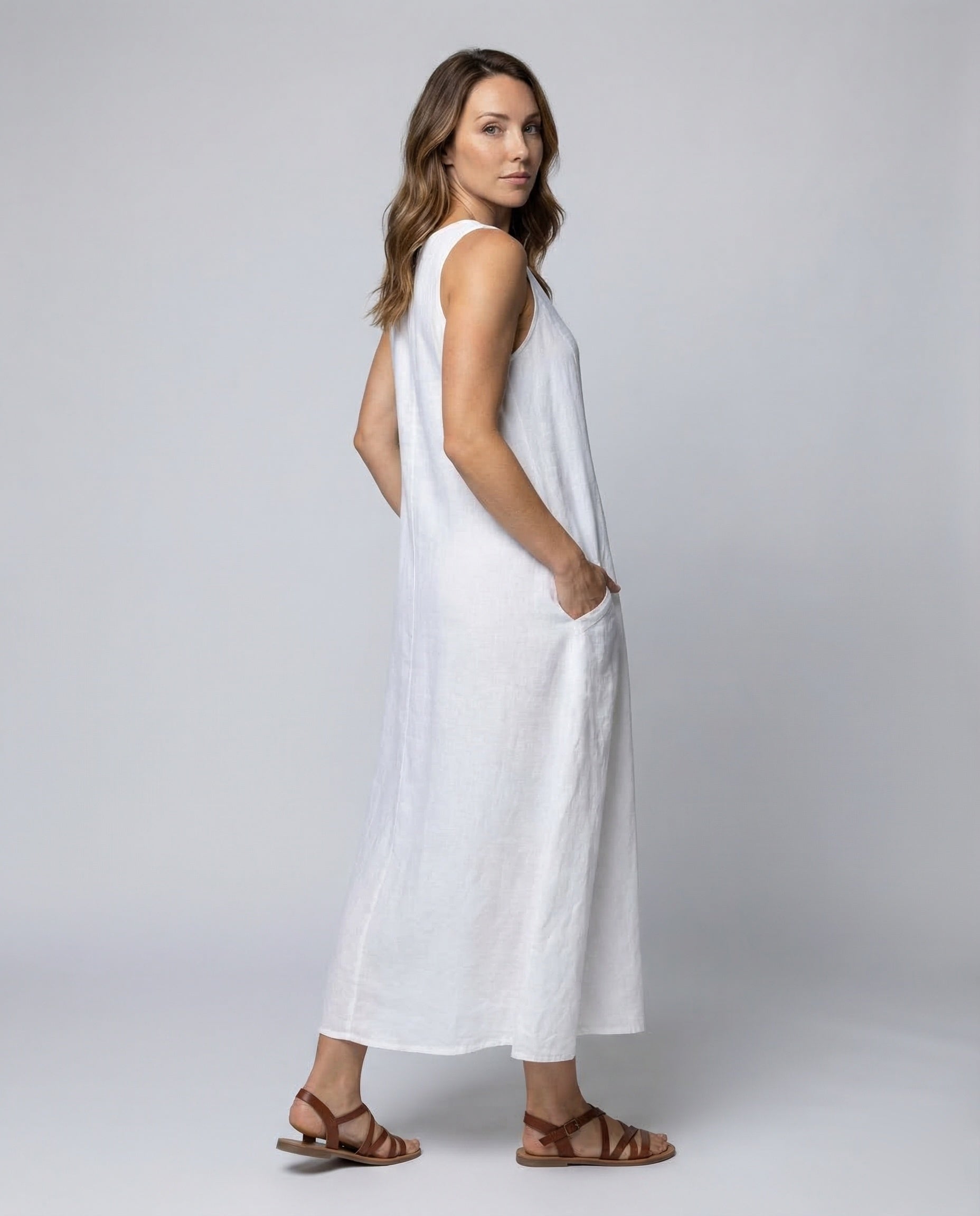Damen Maxikleid Leinen A-Linie Beige - Eveloria