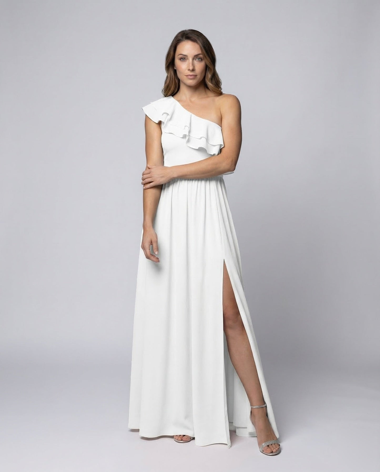 Damen Maxikleid Volantschulter Beinschlitz - Eveloria