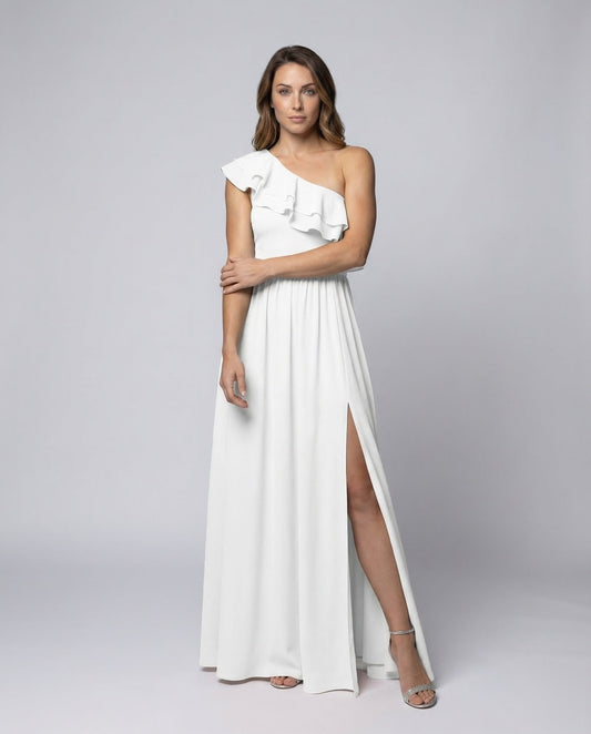 Damen Maxikleid Volantschulter Beinschlitz - Eveloria
