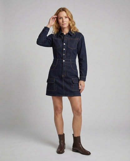 Damen Denim-Kleid Hemdkragen Blau - Eveloria