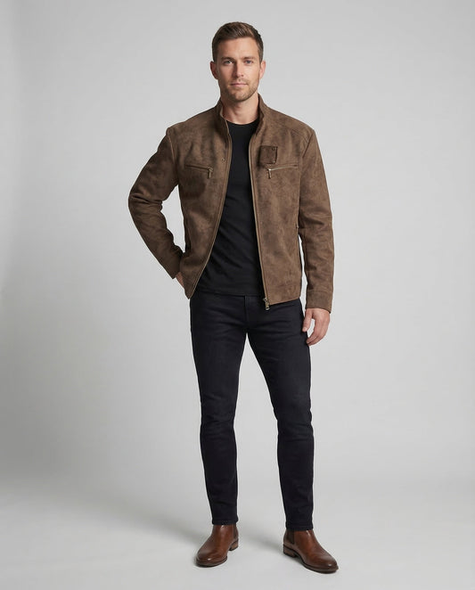 Herren Lederjacke Bikerstil Stehkragen Wildleder - Eveloria