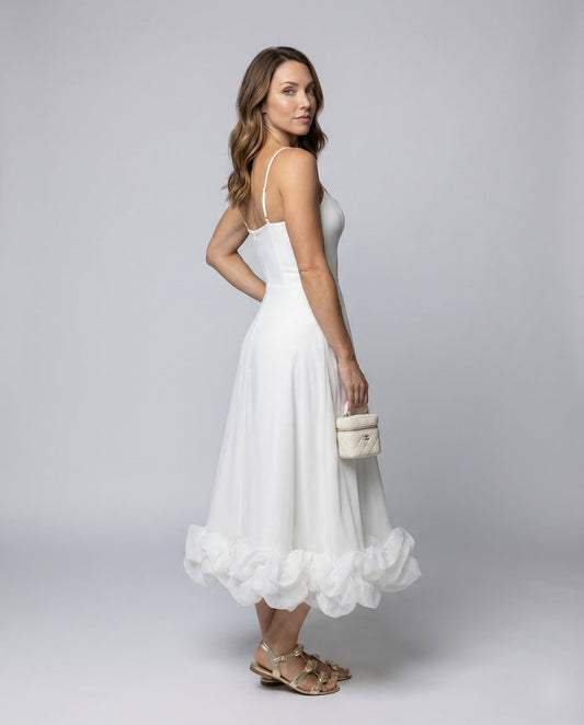 Damen Midikleid mit Spaghettiträgern und Organza-Volant - Eveloria