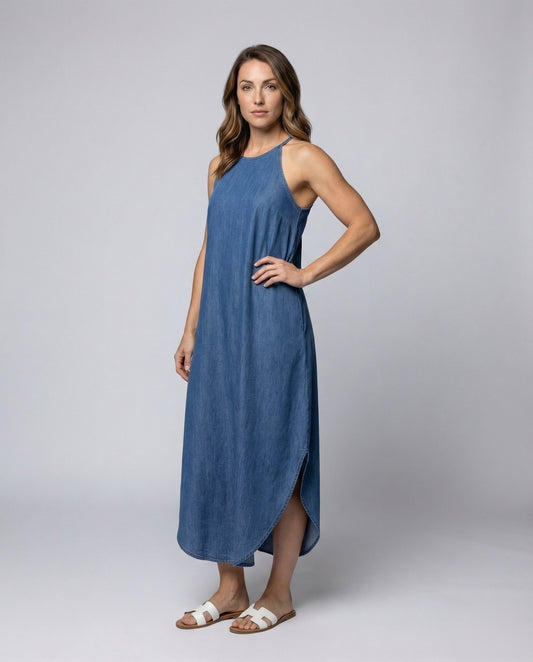Damen Maxikleid Denimoptik Tulpen-Saum Blau - Eveloria