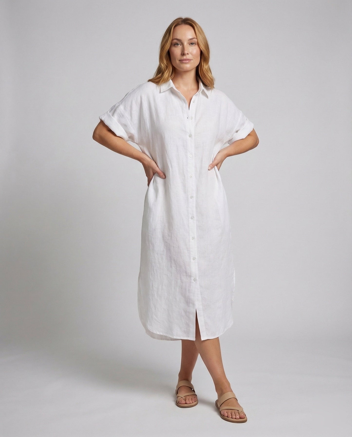 Damen Leinenkleid Strandüberwurf Mit Seitenschlitzen Beige - Eveloria