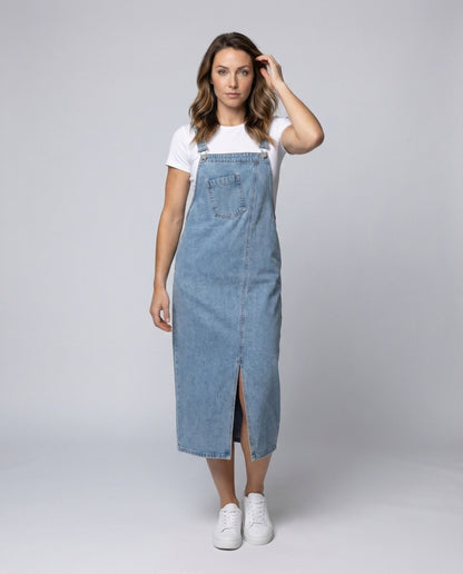 Damen Jeans-Kleid Midi-Länge Mit Seitenschlitz - Eveloria