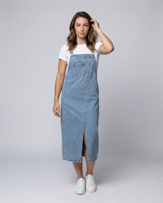 Damen Jeans-Kleid Midi-Länge Mit Seitenschlitz - Eveloria