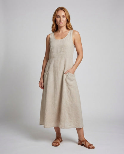 Damen Maxikleid Leinen Rundhalsausschnitt - Eveloria