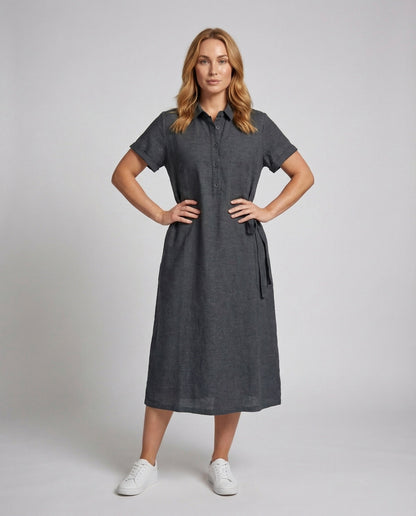 Damen Leinenkleid Hemdkragen Mit Schleifenbindung - Eveloria