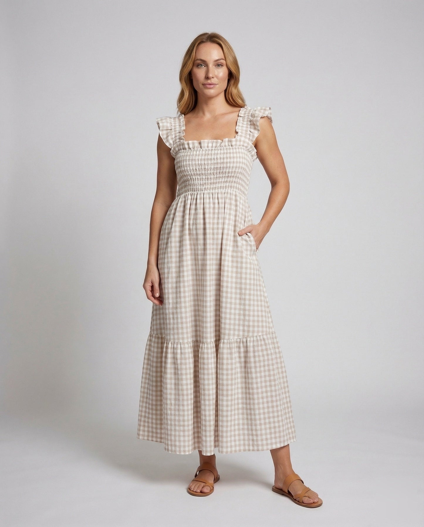 Damen Maxikleid Kariert Rüschen-Träger Smoko Schwarzweiß - Eveloria