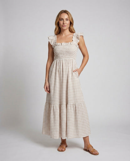 Damen Maxikleid Kariert Rüschen-Träger Smoko Schwarzweiß - Eveloria