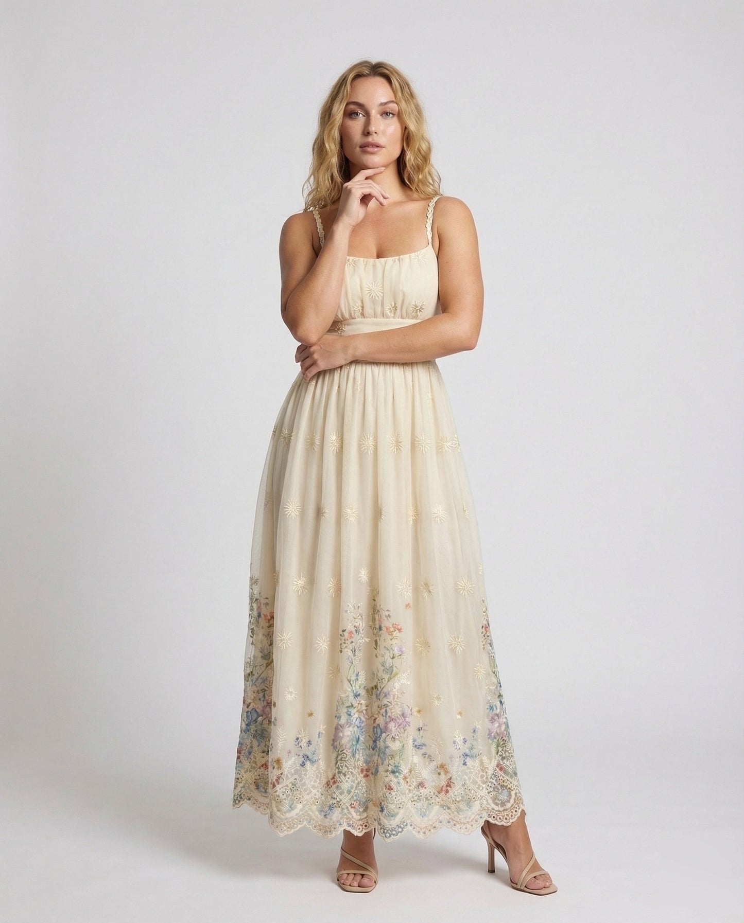 Damen Maxikleid Florale Stickerei Tüll Miederpasse - Eveloria