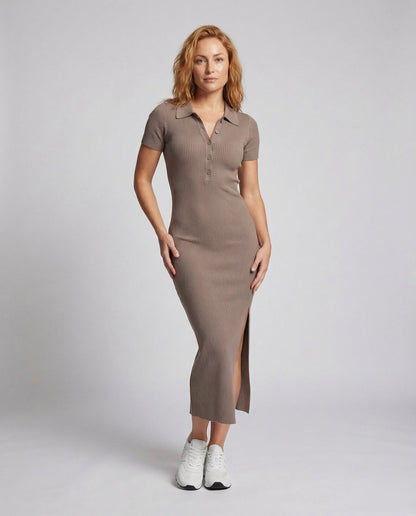 Damen Strickmaxikleid mit Polokragen und Knopfleiste - Eveloria