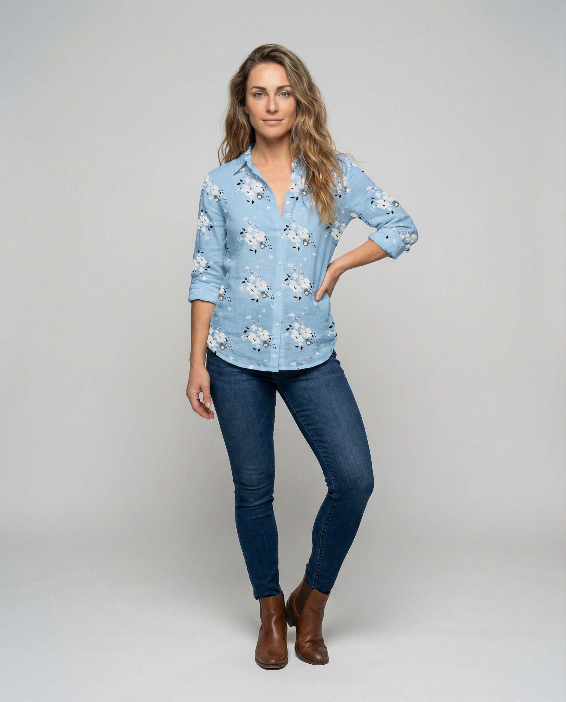 Damen Hemdbluse Musselin Leicht Blau - Eveloria