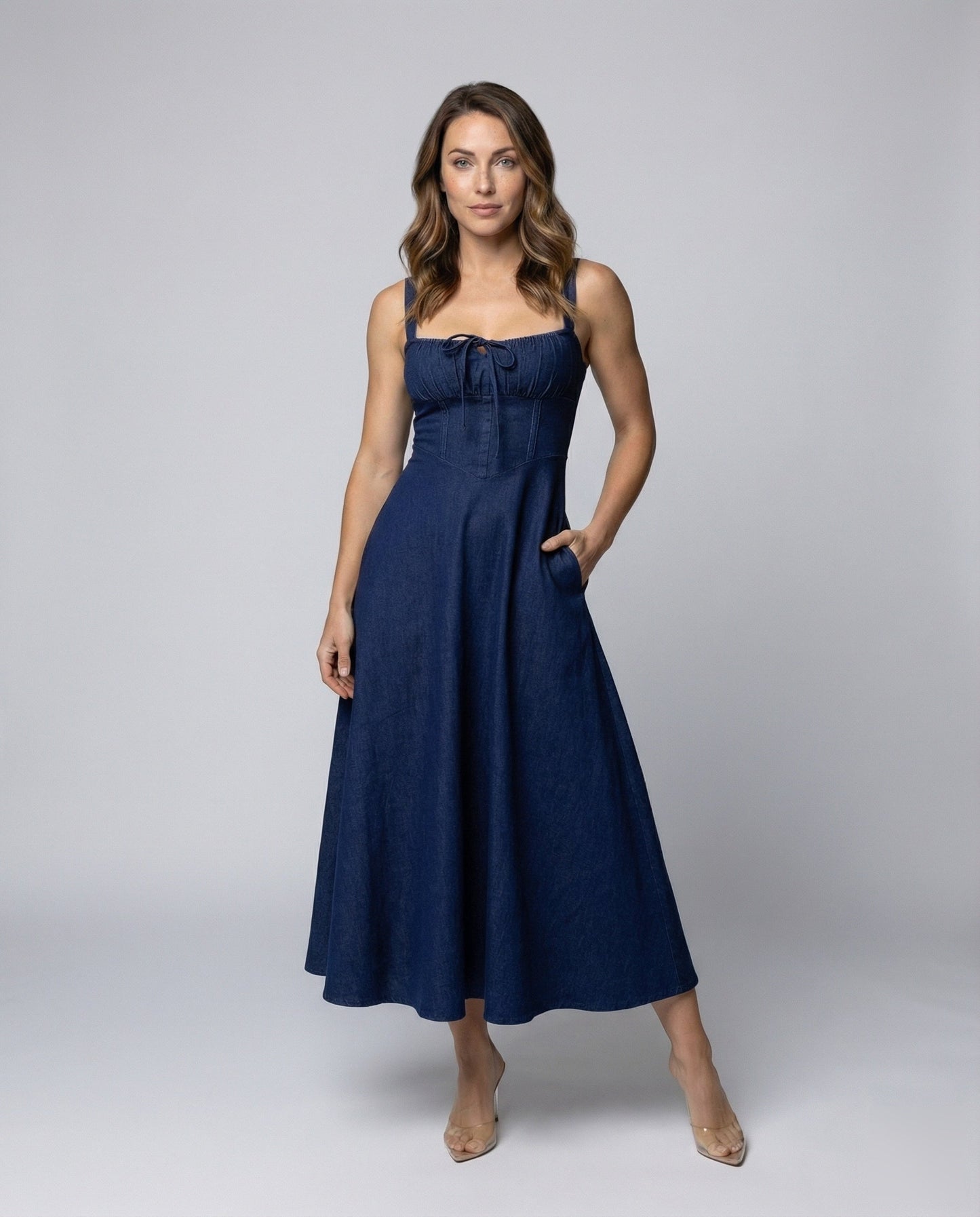 Damen Midikleid Denim Herzdekolleté Blau - Eveloria