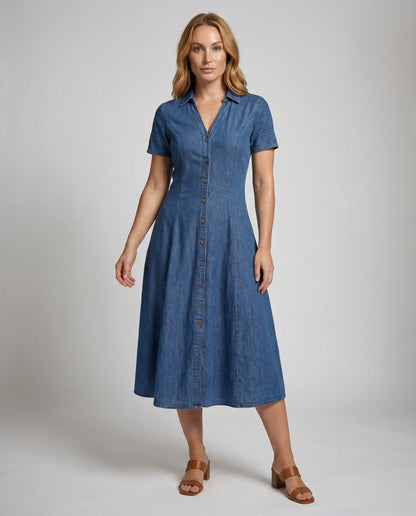 Damen Midikleid Denim-Optik Bluse-Kleid - Eveloria