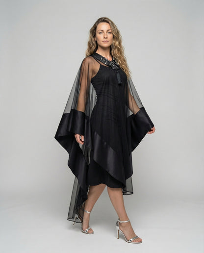 Damen Abendkleid Cape-Ärmel Elegantes Langkleid Schwarz - Eveloria
