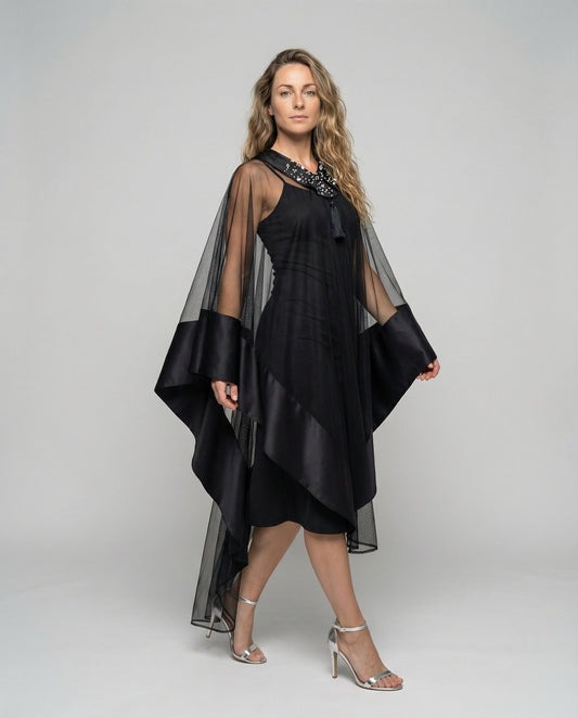 Damen Abendkleid Cape-Ärmel Elegantes Langkleid Schwarz - Eveloria