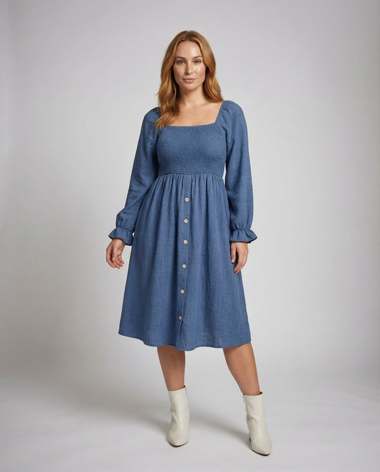 Damen Midikleid Gesmoktes Mieder - Eveloria
