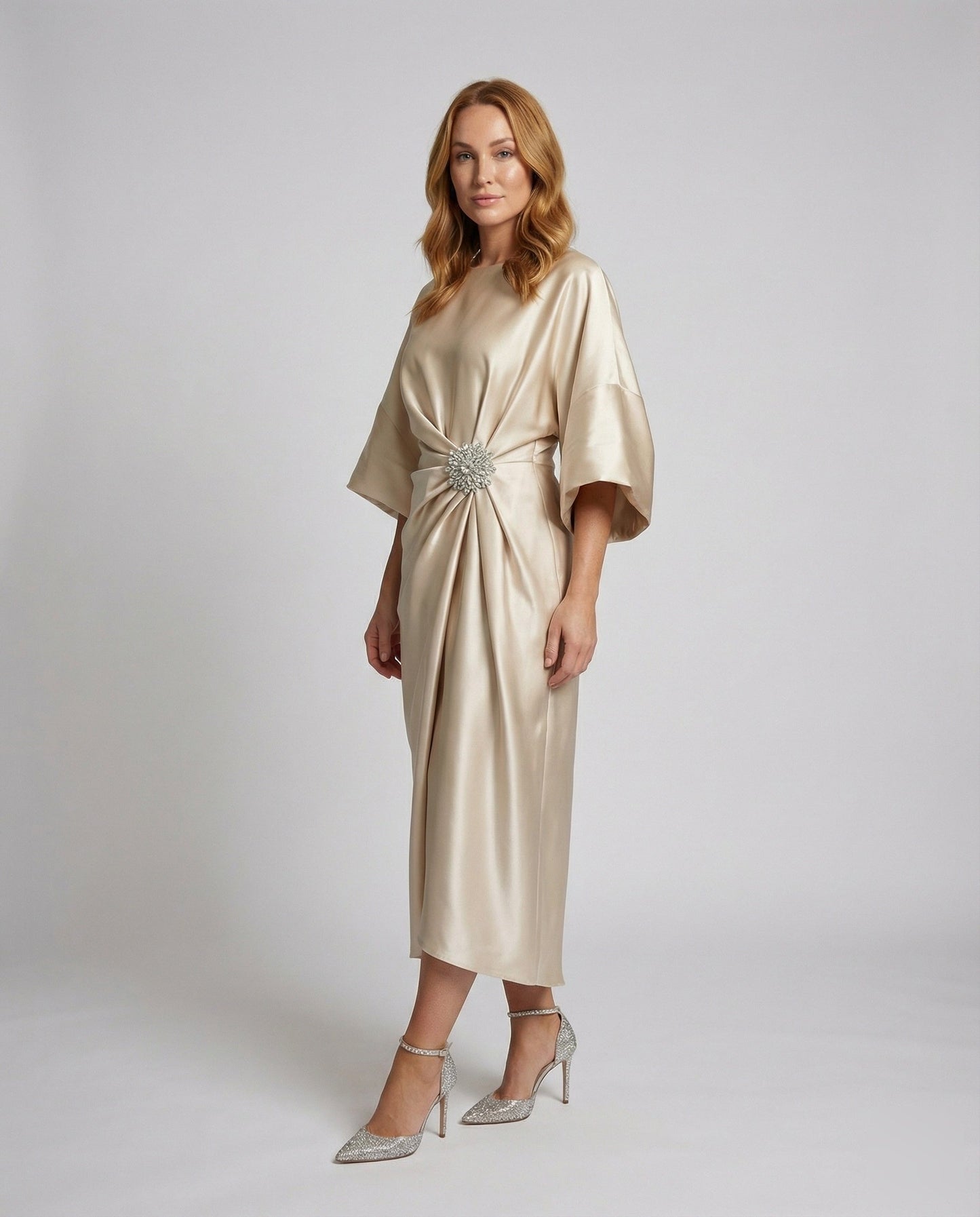 Damen Satin Midikleid Kimonoärmel - Eveloria