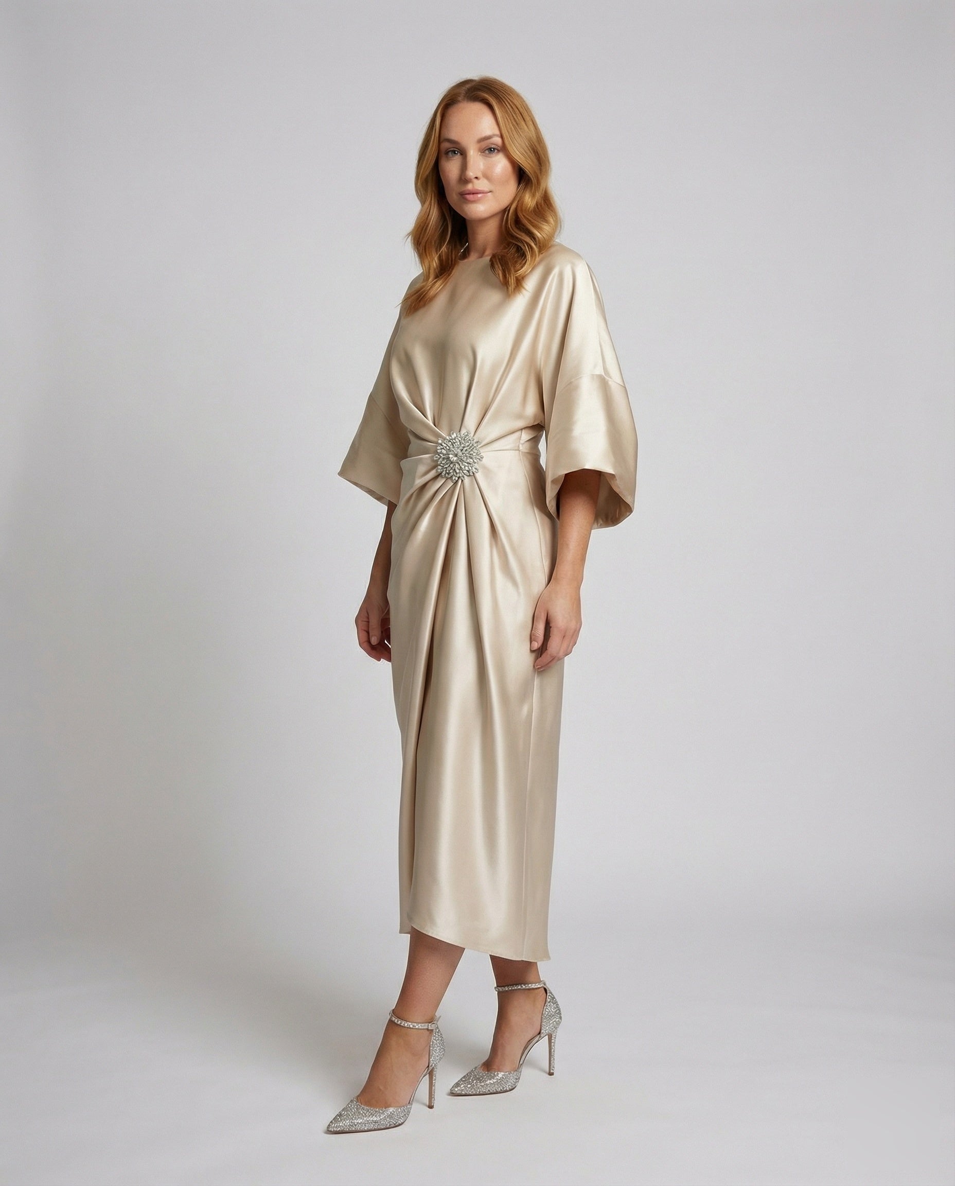 Damen Satin Midikleid Kimonoärmel - Eveloria
