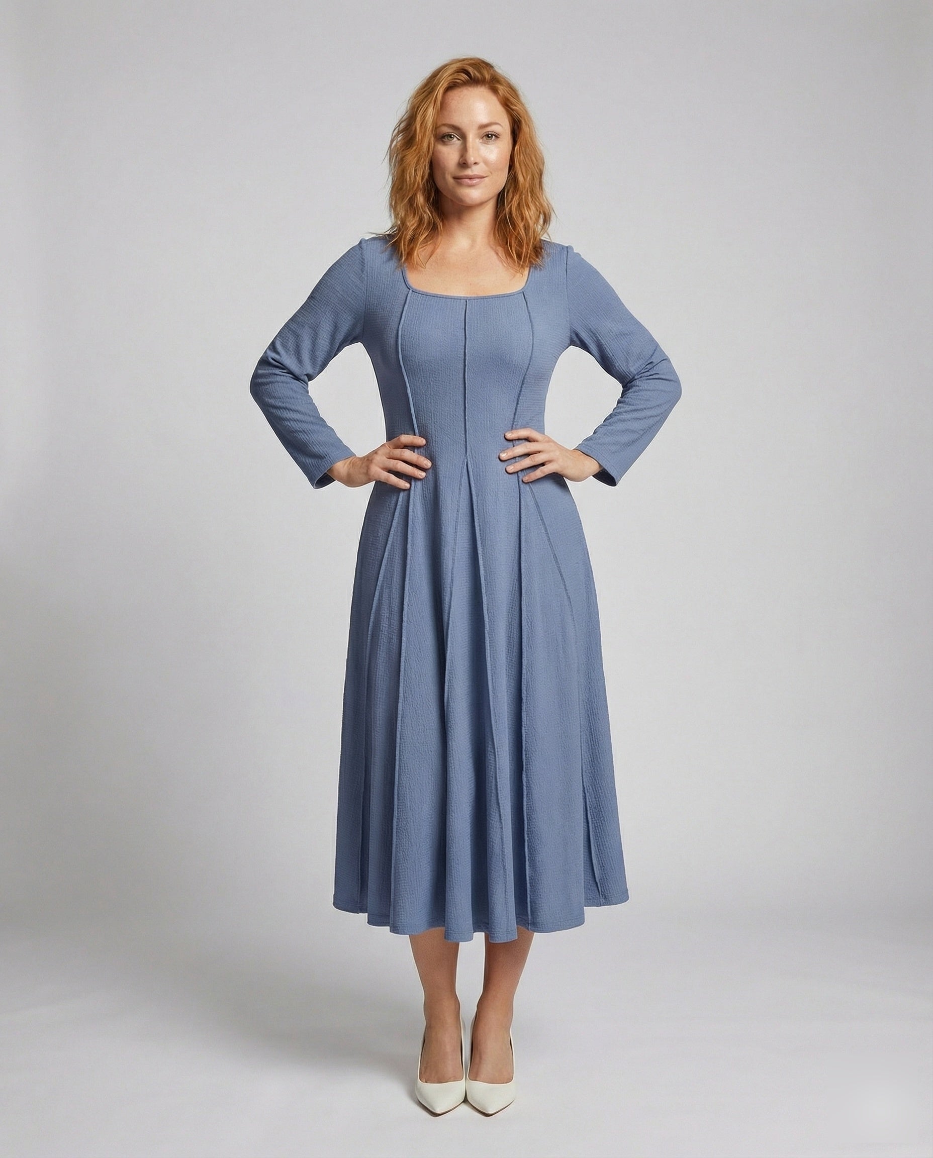 Damen Midikleid Prinzessnähte Baumwolle Pastell Rosa - Eveloria
