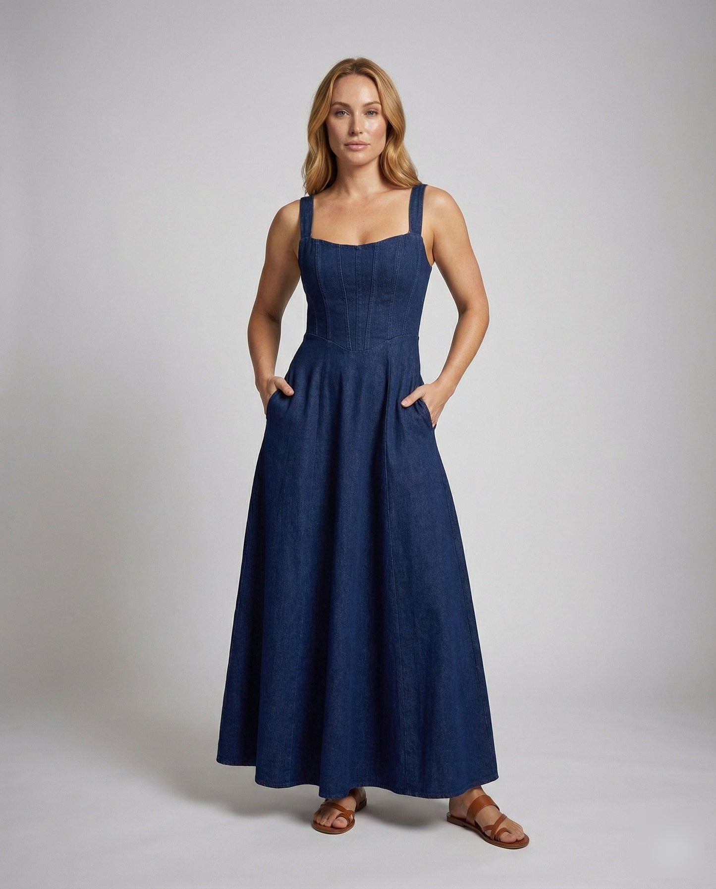 Damen Maxikleid A-Linie Jeans Korsage - Eveloria