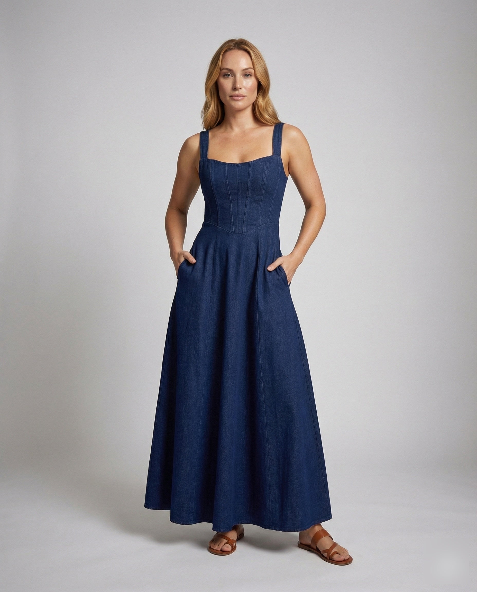 Damen Maxikleid A-Linie Jeans Korsage - Eveloria