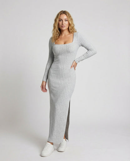 Damen Maxikleid Rippstrick Quadrat-Ausschnitt - Eveloria