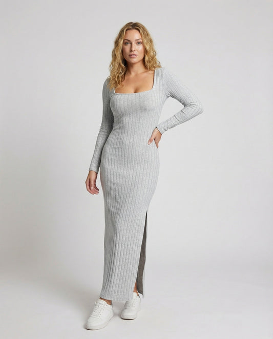 Damen Maxikleid Rippstrick Quadrat-Ausschnitt - Eveloria