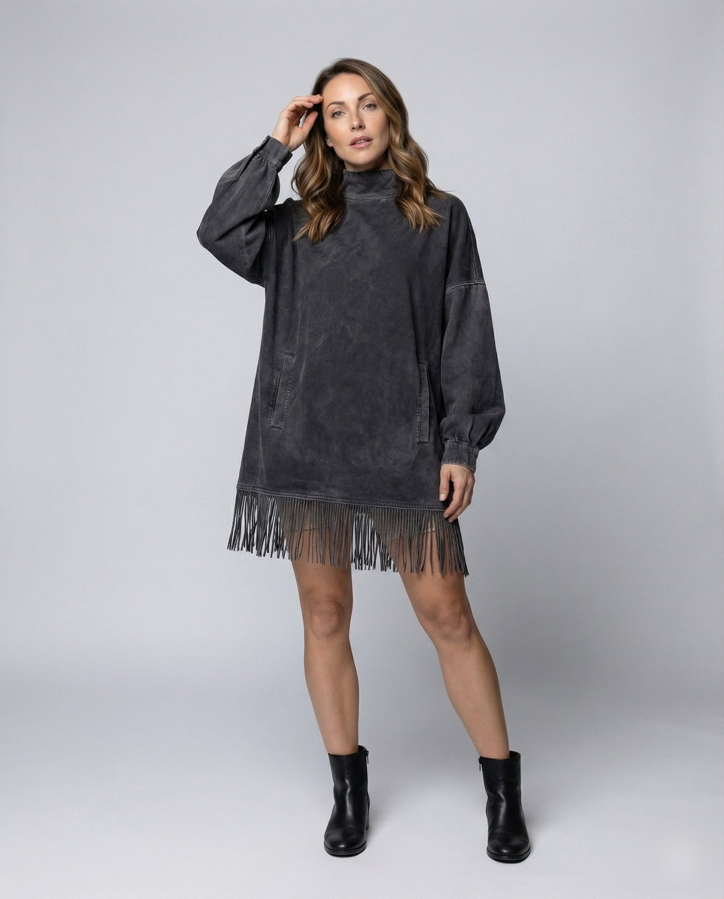 Damen Minikleid Sweatshirt Fransen Stehkragen - Eveloria