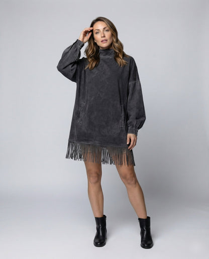Damen Minikleid Sweatshirt Fransen Stehkragen - Eveloria