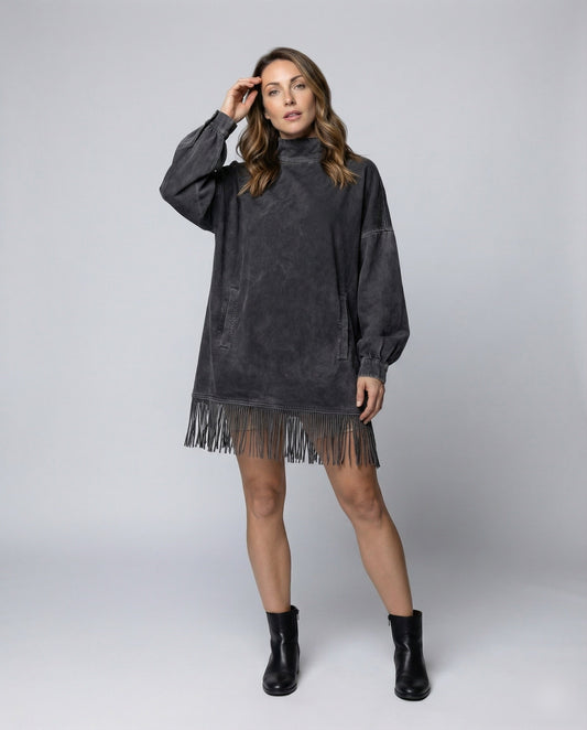 Damen Minikleid Sweatshirt Fransen Stehkragen - Eveloria