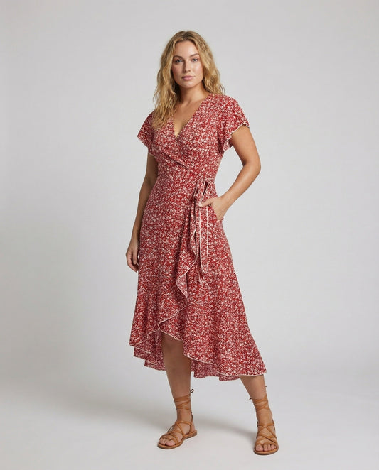 Damen Wickelkleid Asymmetrischer Saum Midikleid - Eveloria