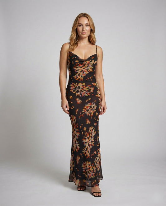 Damen Satin Maxikleid Bedruckt - Eveloria