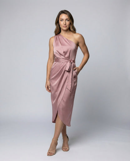 Damen Midikleid Einschultrig Wickeleffekt - Eveloria