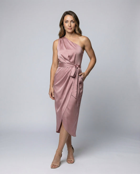 Damen Midikleid Einschultrig Wickeleffekt - Eveloria