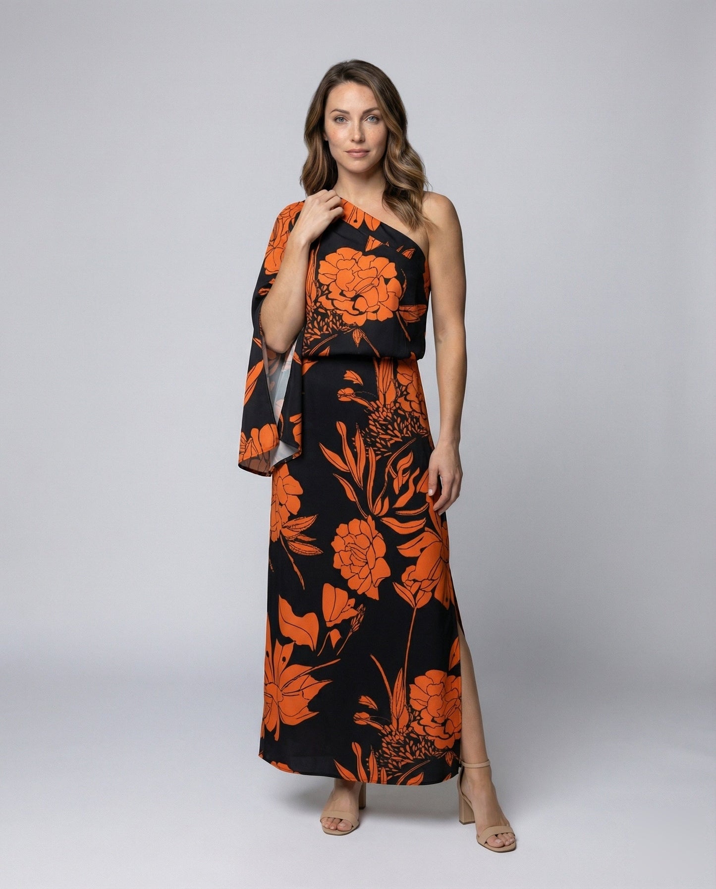 Damen Maxikleid Einschultrig mit Cape-Ärmeln - Eveloria