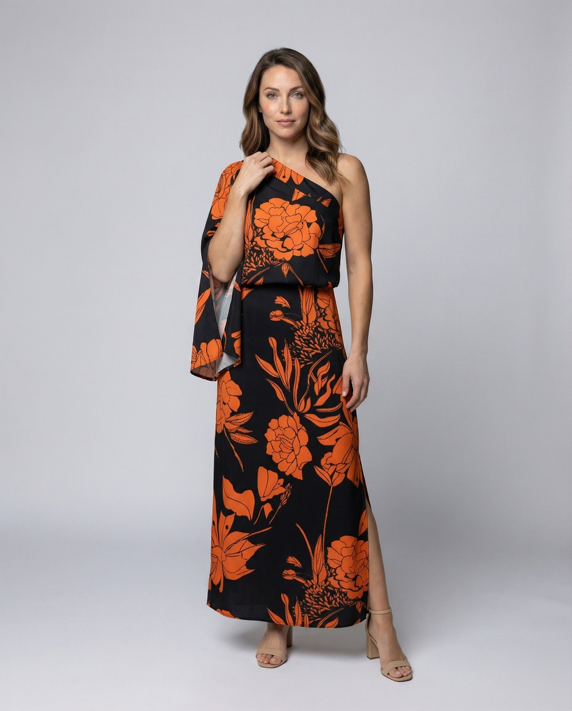 Damen Maxikleid Einschultrig mit Cape-Ärmeln - Eveloria