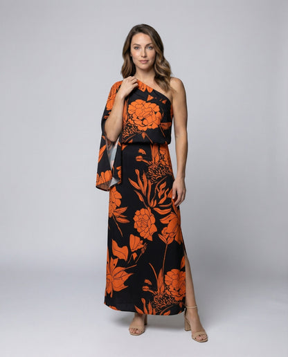 Damen Maxikleid Einschultrig mit Cape-Ärmeln - Eveloria