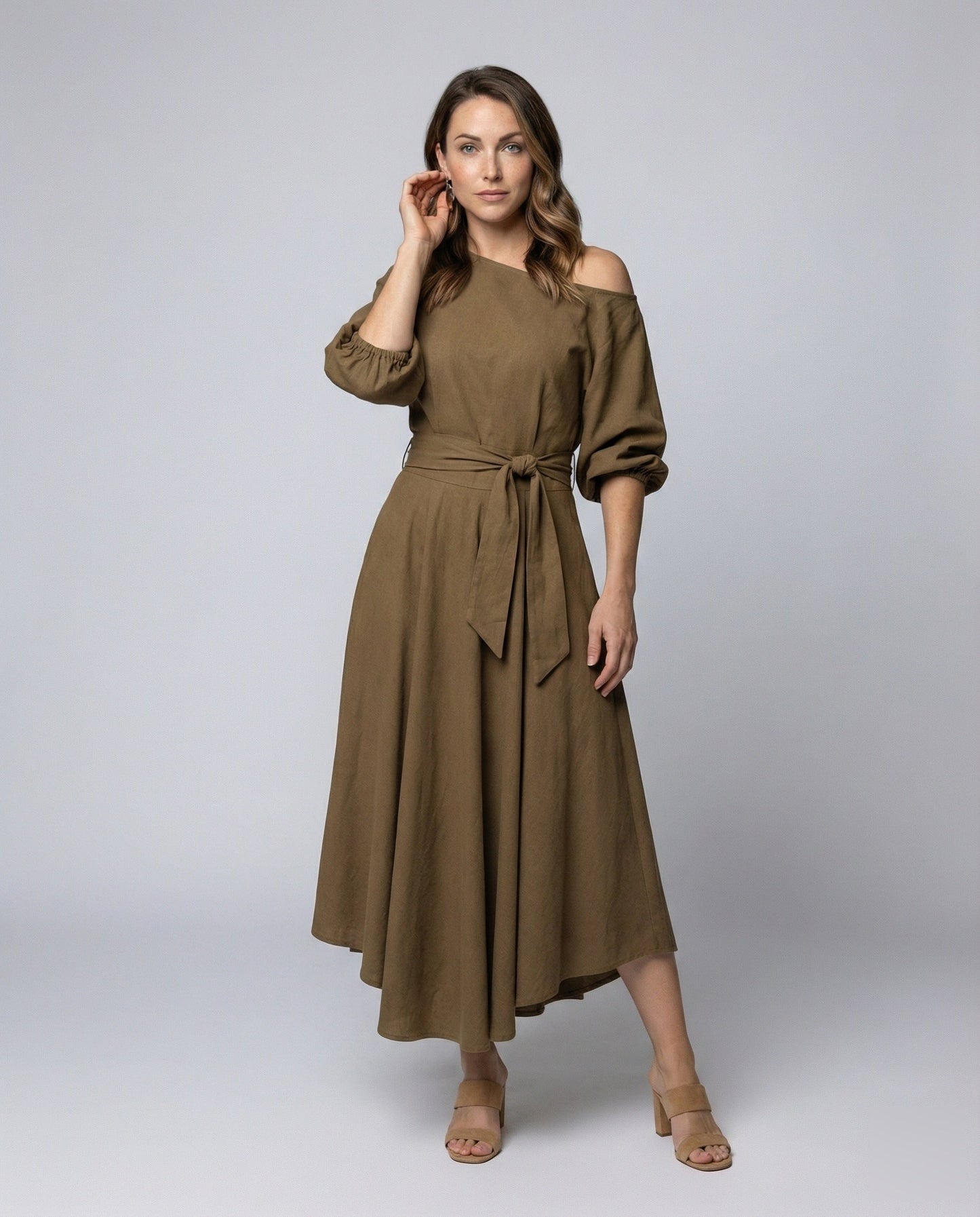 Damen Midikleid Einseitig Schulterfrei Stufenrock - Eveloria
