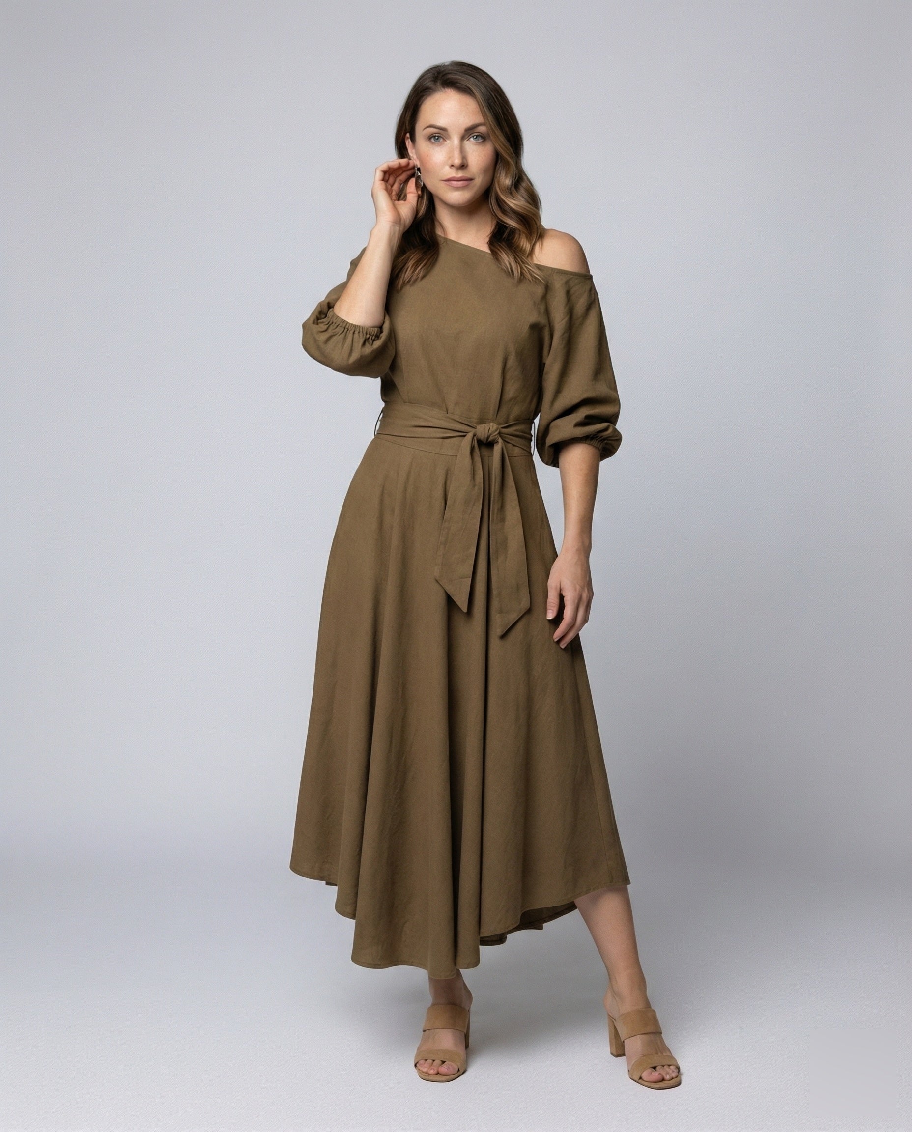 Damen Midikleid Einseitig Schulterfrei Stufenrock - Eveloria