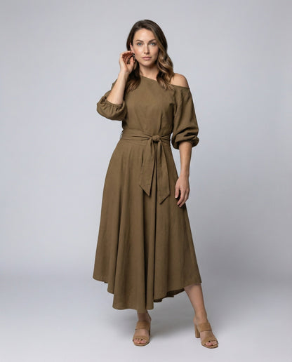 Damen Midikleid Einseitig Schulterfrei Stufenrock - Eveloria
